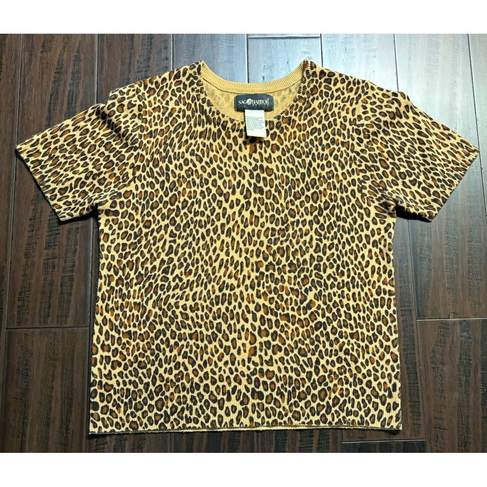 Sag Harbor Sweater Womens PM Petite M Short Sleeve Cheetah Animal Print Vintage